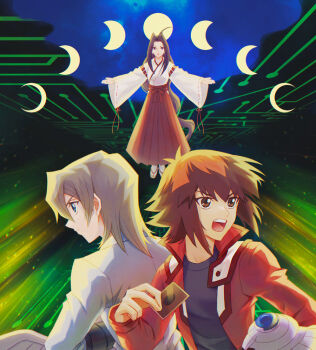 1girl 2boys back-to-back black_shirt brown_hair card closed_mouth commentary_request curtained_hair detached_sleeves duel_disk floating hakama holding holding_card jacket japanese_clothes moisukii moon_phases multiple_boys red_jacket saiou_mizuchi shirt short_hair tenjouin_fubuki white_jacket yu-gi-oh! yu-gi-oh!_gx yuki_judai
