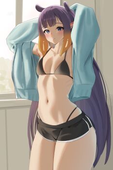 1girl arms_up bikini bikini_bottom_under_shorts bikini_under_clothes black_bikini black_shorts blue_jacket blunt_bangs breasts commentary cowboy_shot cropped_jacket gradient_hair highleg highleg_bikini highres hololive hololive_english jacket long_hair looking_at_viewer mole mole_under_eye multicolored_hair navel ninomae_ina'nis orange_hair pointy_ears purple_hair short_shorts shorts sidelocks small_breasts solo standing stomach straight_hair swimsuit tentacle_hair very_long_hair virtual_youtuber yobi_(ybpac18)