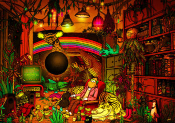 1boy acoustic_guitar antique_phone apple armchair banana_peel bat_(animal) beard bird bookshelf boots bottle bug burger carnivorous_plant chair controller crab cup dinosaur facial_hair fern fish flower food forest fork french_fries frog fruit game_controller giant giant_monster globe grapes guitar headphones hood hooded_jacket instrument jacket lamp lizard mantis monster nature orb original penguin phone plant potted_plant prehistoric_animal rainbow rotary_phone sitting skull slippers snail space_invaders spider stereo sunglasses surreal television tiger tortoise toucan triceratops turtle uetsuji_shotaro_(ua2g)