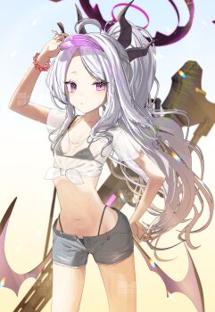 1girl adjusting_clothes adjusting_headwear ahoge alternate_costume alternate_hairstyle arm_up armlet bikini bikini_under_clothes black_bikini black_halo black_horns blue_archive blue_sky bracelet breasts clear_sky closed_mouth crop_top demon_girl demon_horns demon_wings denim denim_shorts dot_nose front-tie_top gun hair_over_shoulder halo hand_on_headwear hand_on_own_hip highleg highleg_bikini highleg_bikini_bottom highres hina_(blue_archive) horns jewelry lens_flare light_blush light_particles loli long_hair long_sidelocks looking_at_viewer low_wings machine_gun mg42 multiple_horns navel oomabiblogo2 open_clothes open_shorts parted_bangs ponytail purple_eyes purple_halo purple_visor see-through_clothes see-through_shirt see-through_sleeves shirt short_sleeves shorts sidelocks sky small_breasts solo standing stomach sunlight sweat swimsuit thighs tied_shirt torn_clothes torn_shorts very_long_hair visor_cap watermark weapon white_hair wings