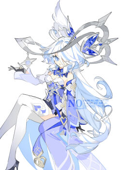 Rule 34 | 1girl, alice (genshin impact), alice (genshin impact) (cosplay), bare shoulders, blue dress, blue eyes, blue gemstone, blue pupils, blue sleeves, blue streaks, breasts, commentary request, cosplay, crossed legs, detached sleeves, dress, drop-shaped pupils, furina (genshin impact), gem, genshin impact, grin, hand up, highres, hydro symbol (genshin impact), invisible chair, long hair, long sleeves, medium breasts, multicolored hair, one eye closed, simple background, sitting, smile, solo, strapless, strapless dress, streaked hair, symbol-shaped pupils, very long hair, vision (genshin impact), white background, white hair, zenmai (cyenmi3)