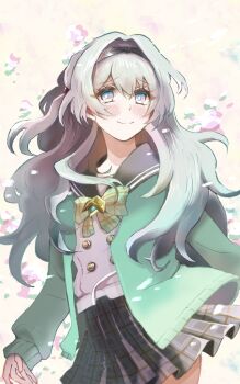 1girl aqua_coat black_hairband blush bow bowtie closed_mouth coat firefly_(honkai:_star_rail) firefly_(spring_missive)_(honkai:_star_rail) floral_background gradient_eyes gradient_hair green_bow green_bowtie green_pupils grey_hair grey_skirt hachamecha hair_between_eyes hair_intakes hair_tubes hairband highres honkai:_star_rail honkai_(series) long_hair long_sleeves multicolored_eyes multicolored_hair plaid_bow plaid_bowtie plaid_clothes pleated_skirt skirt smile solo
