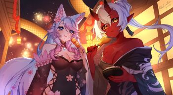 Rule 34 | absurdres, akumi (yoclesh), animal ear fluff, animal ears, black kimono, black sleeves, blue eyes, blue hair, blue tail, breasts, cherry blossom print, cherry blossoms, cleavage, clothing cutout, colored skin, detached sleeves, festival, floral print, highres, hip vent, horns, indie virtual youtuber, japanese clothes, kimono, large breasts, long hair, looking at viewer, navel cutout, off shoulder, oni, pink hair, pointy ears, red horns, red oni, red skin, scar, scar on arm, scar on chest, scar on face, silvervale, silvervale (sakura goddess), tail, virtual youtuber, white hair, wolf ears, wolf girl, wolf tail, woudpe, yellow eyes