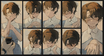 1girl 1other absurdres artist_name black_border black_eyes black_hair blue_shirt border brown_background burn_scar collar collared_shirt commentary covering_own_mouth crying crying_with_eyes_open dress earrings english_commentary facial_scar grey_eyes hand_on_own_chest highres jewelry looking_at_viewer marriage_proposal mole mole_under_mouth multiple_scars multiple_views notched_ear original park_ongjol parted_lips partially_blind putting_on_jewelry ring_box scar scar_across_eye scar_on_arm scar_on_cheek scar_on_face scar_on_lip scarred_tomboy_maid_(park_ongjol) scars_all_over shirt short_hair short_sleeves teardrop tearing_up tears tomboy too_many twitter_username watch white_collar