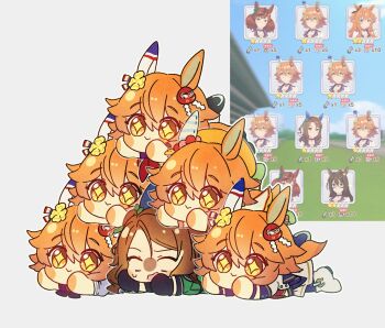 +_+ 6+girls animal_ears artist_request beret brown_hair ear_covers ear_ornament hat horse_ears horse_girl horse_tail human_pyramid king_halo_(umamusume) matikanefukukitaru_(lucky_tidings)_(umamusume) matikanefukukitaru_(rising_fortune)_(umamusume) matikanefukukitaru_(umamusume) multiple_girls orange_hair screenshot_inset short_hair smile starting_future_(umamusume) sweatdrop tail tracen_school_uniform umamusume white_background yellow_eyes