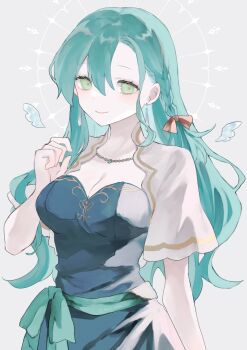 1girl absurdres aqua_dress aqua_hair braid breasts capelet chloe_(fire_emblem) cleavage closed_mouth commentary_request dress fire_emblem fire_emblem_engage green_eyes grey_background hair_between_eyes highres jewelry large_breasts long_hair looking_at_viewer mixed-language_commentary nintendo repu_(rep_sha) short_sleeves simple_background smile solo twitter_username very_long_hair white_capelet