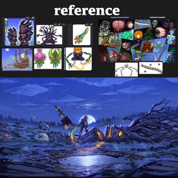 Rule 34 | 1other, benii21, cloud, commentary, dead monster, decapitation, english commentary, full body, full moon, highres, holding, holding sword, holding weapon, meteor, monster, moon, mourning wood (terraria), night, orange blood, orange eyes, plant monster, plantera, retinazer, shooting star, skeletron prime, standing, sword, terra blade, terraria, the twins (terraria), victory, weapon