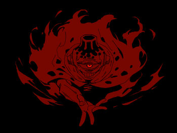 Rule 34 | 1boy, absurdres, black background, commentary request, cyclops, fire, grin, highres, jogo (jujutsu kaisen), jujutsu kaisen, limited palette, looking at viewer, male focus, maorisu henkyo haku, monochrome, one-eyed, outstretched arm, outstretched hand, reaching, reaching towards viewer, red eyes, red theme, simple background, smile, solo, teeth, upper body