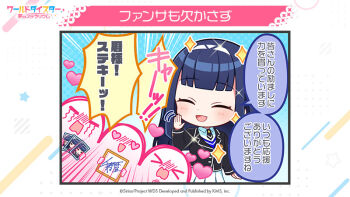 1girl :d blue_hair blunt_bangs blush bow closed_eyes commentary_request facing_viewer hairband hands_up heart long_hair long_sleeves official_art open_mouth second-party_source senju_koyomi shirt smile solo sparkle spoken_heart star_(symbol) striped_background translation_request virtual_youtuber world_dai_star