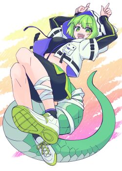 Rule 34 | 1girl, animal hood, bandaged leg, bandaged tail, bandages, bandaid, bandaid on cheek, bandaid on face, commentary, crop top, dragon tail, green eyes, green hair, highres, hood, hoodie, kokutei n, melorum (p&amp;d), puzzle &amp; dragons, short hair, solo, tail