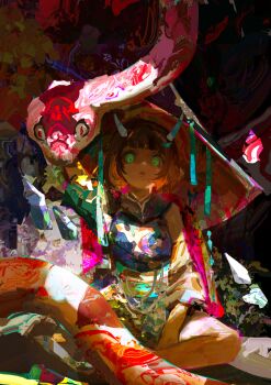 1girl abstract_background absurdres brown_hair colorful commentary dark_skin english_commentary green_eyes hat highres kevin_adi looking_at_viewer original snake solo wizard_hat