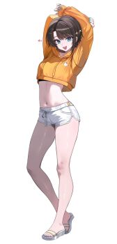 Rule 34 | 1girl, :d, arms up, black bra, black hair, blue eyes, blue nails, bra, bra peek, commentary, cowboy shot, crop top, cropped hoodie, dolphin shorts, english commentary, full body, hololive, hood, hoodie, kkato, long sleeves, looking at viewer, midriff, nail polish, navel, oozora subaru, open mouth, orange hoodie, short hair, short shorts, shorts, simple background, slippers, smile, solo, stomach, swept bangs, teeth, toes, underwear, upper teeth only, virtual youtuber, white background, white shorts