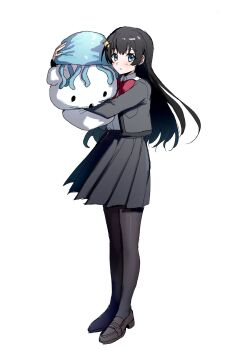 1girl :| birthday1730225 black_hair black_pantyhose black_shoes blue_eyes bow bowtie breast_pocket closed_mouth collared_shirt full_body grey_jacket grey_skirt hands_up highres hugging_doll hugging_object jacket kagura_hikari legs_together light_blush loafers long_hair long_sleeves looking_at_viewer miniskirt open_clothes open_jacket pantyhose pleated_skirt pocket red_bow red_bowtie school_uniform seishou_music_academy_uniform shirt shirt_tucked_in shoes shoujo_kageki_revue_starlight simple_background skirt solo sparkle_hair_ornament standing stuffed_animal stuffed_jellyfish stuffed_toy teddy_bear white_background white_shirt
