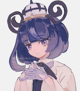 1girl black_dress black_hair blue_gloves blunt_bangs bob_cut closed_mouth coat dress gloves gwynn_(pokemon) hat highres interlocked_fingers long_sleeves looking_at_viewer mega_stone multicolored_hair nintendo partially_fingerless_gloves pokemon pokemon_legends:_z-a purple_eyes purple_hair short_hair simple_background solo su_(sajo_su5) upper_body white_coat