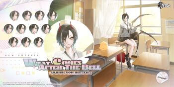 1girl arm_behind_back arm_support azur_lane bare_legs black_hair black_necktie black_skirt blush breasts classroom closed_eyes clothes_pull collared_shirt commentary copyright_name curious english_commentary english_text expressionless multiple_expressions full_body goth_fashion grin hair_over_one_eye hand_up high_heels highres horns indoors jacket jacket_pull light_frown light_smile looking_at_viewer looking_to_the_side medium_breasts medium_hair miniskirt multicolored_hair nail_polish necktie official_art ohisashiburi parted_lips partially_unzipped pleated_skirt promotional_art red_nails rigging school_uniform shirt short_hair sitting sitting_on_table skirt slit_pupils smile solo staring streaked_hair thighs two-tone_hair ulrich_von_hutten_(azur_lane) ulrich_von_hutten_(what_comes_after_the_bell)_(azur_lane) white_hair white_shirt yellow_eyes