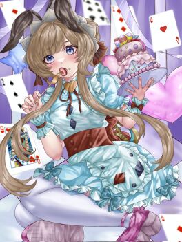 1girl ace_(playing_card) alice&#039;s_adventures_in_wonderland alice_(alice_in_wonderland) alice_(alice_in_wonderland)_(cosplay) alternate_costume balloon blue_dress blue_eyes brown_hair card club_(shape) clyriie cosplay dress eating frilled_wrist_cuffs frills genshin_impact heart_balloon highres long_hair pantyhose playing_card puffy_sleeves sandrone_(genshin_impact) short_sleeves solo spade_(shape) star_balloon white_pantyhose wrist_cuffs