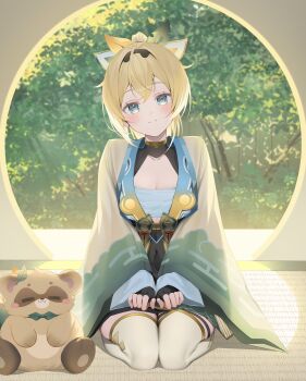 Rule 34 | 1girl, ahoge, black hairband, black shrug, blonde hair, bow, breasts, chest sarashi, closed mouth, commentary request, covered navel, crossed bangs, day, double-parted bangs, full body, hair between eyes, hair bow, hairband, hakama, hakama short skirt, hakama skirt, haori, highres, hololive, indoors, japanese clothes, kazama iroha, kazama iroha (1st costume), looking at viewer, medium breasts, medium hair, pokobee, ponytail, ryuya, sarashi, seiza, shrug (clothing), sitting, skin tight, skirt, smile, solo, tabi, thigh strap, thighhighs, virtual youtuber, white thighhighs, yellow haori