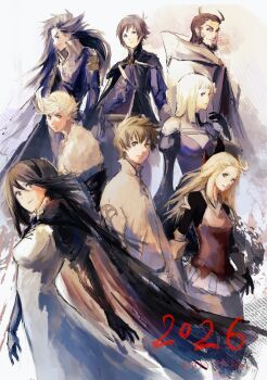 3girls 5boys absurdres agnes_oblige ahoge black_gloves blonde_hair blue_eyes bravely_default:_flying_fairy bravely_default_(series) bravely_second:_end_layer brown_eyes brown_hair cape coat commentary_request dress edea_lee elbow_gloves gloves headband highres janne_angard long_hair magnolia_arch multiple_boys multiple_girls nikolai_nikolanikov o0j_yo pompadour purple_dress red_dress red_eyes ringabel short_bangs short_hair swept_bangs tiz_arrior white_dress white_hair yew_geneolgia