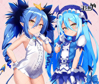 2girls aqua_hair blue_dress blue_hair blueberry_(bombergirl) blush bombergirl breasts closed_mouth covered_erect_nipples demon_tail dress drill_hair hair_between_eyes hand_on_own_hip highres lewisia_aquablue licking_lips loli long_hair looking_at_viewer multiple_girls sharp_teeth small_breasts smile tail teeth tongue tongue_out twin_drills very_long_hair white_dress yellow_eyes yoshikage_(saman&#039;osa)