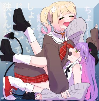 2girls alternate_hair_length_(shorter) bibi_(tokoyami_towa) black_boots black_hat blonde_hair blunt_bangs blush boots brown_cardigan cardigan closed_eyes collar commentary_request demon_girl demon_tail encasement flower frilled_collar frills full_body fuyumi_iyo girl_on_top gradient_hair green_eyes grey_cardigan hair_flower hair_ornament hat heart heart_tail holding_another's_arm hololive jirai_kei kabedon legs_up long_hair looking_at_another lying microskirt momosuzu_nene momosuzu_nene_(casual) multicolored_hair multiple_girls neckerchief nervous_sweating official_alternate_costume official_alternate_hairstyle on_back open_mouth piercing pink_hair plaid_clothes plaid_neckerchief plaid_skirt pointy_ears purple_hair pushing_away red_neckerchief red_shoes red_skirt shirt shoes sidelocks skirt sleeves_past_fingers sleeves_past_wrists smile socks sweat tail tail_ornament tail_piercing tokoyami_towa tokoyami_towa_(jirai_kei) translation_request twintails twitter_username virtual_youtuber white_shirt white_socks yuri