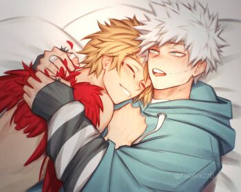 2boys bandaid bandaid_on_finger bandaid_on_hand blonde_hair blue_eyes blue_hoodie boku_no_hero_academia burn_scar closed_eyes closed_mouth feathered_wings feathers hashtag-only_commentary hawks_(boku_no_hero_academia) highres hood hoodie looking_at_another lying lying_on_person male_focus multiple_boys on_back on_bed open_mouth red_feathers red_wings saika076 scar short_hair smile spiked_hair teeth todoroki_touya tongue topless_male upper_teeth_only wings yaoi