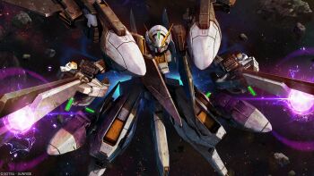 absurdres advance_of_zeta asteroid beam_cannon copyright_notice energy firing glowing gundam gundam_battle_operation_2 highres machinery mecha mecha_focus mobile_suit nebula official_art painting_(medium) realistic robot scan science_fiction space star_(sky) sunrise_(company) tenjin_hidetaka thrusters titans_(gundam) tr-6_woundwort traditional_media zero_gravity