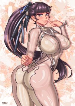 1girl ass ass_focus black_hair blunt_bangs bodysuit breasts brown_bodysuit brown_eyes commentary english_commentary eve_(stellar_blade) flatillustrator_khan highres large_breasts long_hair looking_at_viewer looking_back mechanical_spine multicolored_bodysuit ponytail skin_suit_(stellar_blade) skin_tight smile solo stellar_blade thighs turning_around two-tone_bodysuit very_long_hair