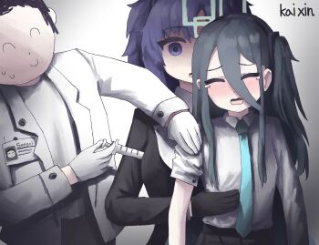 Rule 34 | ^ ^, aris (blue archive), black gloves, black hair, black jacket, black skirt, blazer, blue archive, blue necktie, blush, breasts, closed eyes, commentary, crying, doctor, doodle sensei (blue archive), gloves, hair between eyes, hairband, halo, hand on another's stomach, height difference, highres, holding, holding syringe, id card, jacket, kai xin, large breasts, long hair, long sleeves, looking at another, major injury underreaction, meme, necktie, nervous sweating, one side up, open clothes, open jacket, parted bangs, pleated skirt, purple eyes, purple hair, scared, school uniform, sensei (blue archive), shaded face, shirt, sidelocks, skirt, surprised, sweat, syringe, two side up, upper body, white background, white gloves, white jacket, white shirt, yuuka (blue archive)