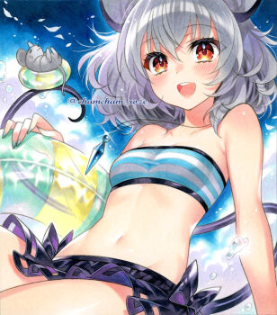 1girl :d alternate_costume animal_ears bare_shoulders bikini black_bow blue_background blue_bikini bow breasts chacham commentary_request grey_hair holding holding_swim_ring innertube looking_at_viewer marker_(medium) mouse_ears mouse_girl mouse_tail navel nazrin nazrin_day open_mouth red_eyes short_hair small_breasts smile solo stomach strapless strapless_bikini striped_bikini striped_clothes swim_ring swimsuit tail teeth touhou traditional_media upper_teeth_only