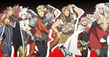 3boys achilles_(fate) armor astolfo_(fate) avicebron_(fate) bored brown_hair cape carnival_phantasm chiron_(fate) dancing fake_screenshot fang fate/apocrypha fate_(series) gradient_background green_eyes green_hair grin karna_(fate) lineup long_hair male_focus mask multiple_boys no-kan parody pink_hair siegfried_(fate) smile style_parody white_hair