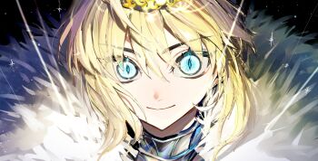 1girl armor artoria_pendragon_(fate) awwwwwmm68 blonde_hair blue_eyes character_request close-up coat commentary_request crown eyelashes fate/grand_order fate_(series) fur_coat glowing highres saber_(fate) slit_pupils smile solo