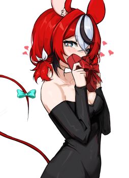 Rule 34 | 1girl, animal ears, bare shoulders, black dress, black streaks, blue eyes, bow, box, breasts, dress, gift, hakos baelz, hands up, heart, heart-shaped box, heart-shaped pupils, highres, holding, holding gift, hololive, hololive english, long sleeves, looking at viewer, low twintails, medium breasts, mouse ears, mouse girl, mouse tail, off-shoulder dress, off shoulder, red hair, short hair, short twintails, simple background, solo, strapless, strapless dress, symbol-shaped pupils, tail, tail bow, tail ornament, ttsyrene, twintails, virtual youtuber, white background, white streaks