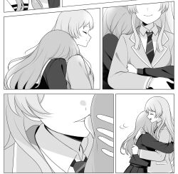 2girls bang_dream! bang_dream!_it&#039;s_mygo!!!!! biting biting_ear chihaya_anon closed_eyes closed_mouth collared_shirt haneoka_school_uniform highres hiruver hug hug_from_behind long_hair multiple_girls nagasaki_soyo necktie open_mouth pleated_skirt sailor_collar school_uniform shirt skirt smile tsukinomori_school_uniform yuri