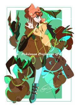 1girl :d absurdres black_bag boots border brown_coat buttons cccacademia coat cobalion eyelashes eyewear_on_head gen_5_pokemon gen_7_pokemon gen_8_pokemon green_background green_eyes green_footwear green_nails green_shirt hair_ornament hand_up heart heart_hair_ornament highres keldeo leg_up legendary_pokemon long_sleeves looking_to_the_side mixed-language_commentary mythical_pokemon nail_polish nintendo open_mouth orange_hair pants pokemon pokemon_(creature) pokemon_swsh shirt signature smile sonia_(pokemon) sunglasses teeth terrakion tsareena upper_teeth_only virizion white_border yamper