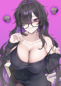 1girl bare_shoulders black-framed_eyewear black_cardigan black_dress black_hair blush book bookmark breasts cardigan cardigan_partially_removed cleavage collarbone colored_inner_hair commentary covered_navel dress english_commentary floating floating_skull glasses goddess_of_victory:_nikke hair_over_one_eye label_(nikke) large_breasts long_hair looking_at_viewer mole mole_on_breast multicolored_hair open_mouth purple_background purple_eyes purple_hair purple_streaks simple_background skull solo stuffed_animal stuffed_rabbit stuffed_toy sweatdrop very_long_hair yu_seol_69
