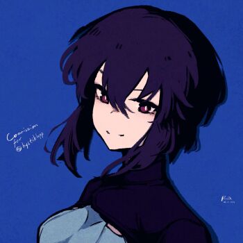 1girl absurdres blue_background blue_jacket blue_shirt commentary commission commissioner_name dated english_commentary ghost_in_the_shell hair_between_eyes highres jacket kusanagi_motoko portrait purple_eyes purple_hair rnna shirt short_hair sidelocks signature simple_background smile solo