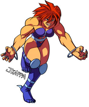 1girl amazon artist_name belt bracelet breakers breasts claws cleavage jewelry large_breasts leotard muscular muscular_arms muscular_female red_hair rila_estancia running signature thick_thighs thighs