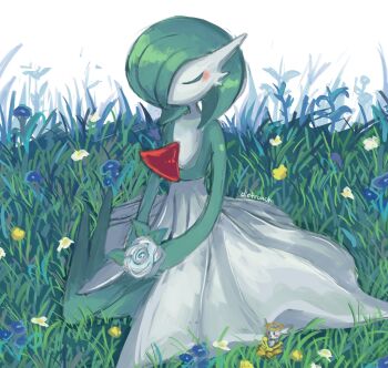 Rule 34 | artist name, bob cut, closed eyes, colored skin, dietranch, dress, flabebe, flabebe (yellow flower), flower, gardevoir, gen 3 pokemon, gen 6 pokemon, grass, green hair, green skin, hair over one eye, highres, multicolored skin, nintendo, on grass, pokemon, pokemon (creature), sitting, two-tone skin, white dress, white flower, white skin