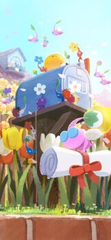 amelicart black_eyes blue_eyes blue_flower blue_pikmin blue_skin blue_sky bud carrying colored_skin creature creature_focus day falling flower flying food fruit game_cg garden highres holding holding_food holding_fruit holding_scroll house insect_wings leaf mail mountainous_horizon nintendo no_humans no_mouth official_art orange_(fruit) outdoors oversized_food oversized_object petals pikmin_(creature) pikmin_(series) pikmin_bloom pink_skin pointy_ears pointy_nose purple_hair purple_pikmin purple_skin red_eyes red_flower red_pikmin red_ribbon red_skin ribbon rock_pikmin rope rose scroll short_hair sitting sky solid_circle_eyes spring_(season) sunlight triangle_mouth tulip very_short_hair white_flower white_pikmin white_skin winged_pikmin wings yellow_flower yellow_pikmin yellow_rose