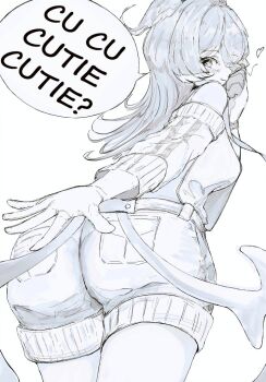 1girl ass blue_hair blush breasts elira_pendora elira_pendora_(1st_costume) from_behind hair_over_one_eye hand_on_own_face head_wings heart kongarimg long_hair looking_at_viewer looking_back low_wings medium_breasts monochrome nijisanji nijisanji_en simple_background single_off_shoulder smile solo speech_bubble virtual_youtuber white_background wings