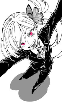 1girl absurdres blue_archive buttons evil_smile formal_clothes greyscale grin highres kani_ka_nanika long_hair looking_at_viewer monochrome mutsuki_(blue_archive) pink_eyes ponytail problem_solver_68_(blue_archive) ribbon shirt simple_background smile solo suit white_hair