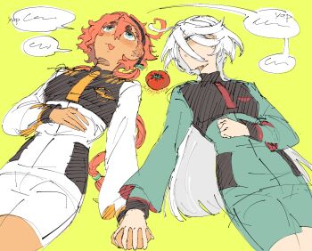 Rule 34 | 2girls, asticassia school uniform, black hairband, blue eyes, blush, closed mouth, green background, green jacket, green shorts, grey eyes, gundam, gundam suisei no majo, hairband, highres, holding hands, interlocked fingers, jacket, long hair, miorine rembran, multiple girls, open mouth, red hair, rynyurika, school uniform, shorts, simple background, speech bubble, suletta mercury, thick eyebrows, tomato, white hair, white jacket, white shorts, yuri