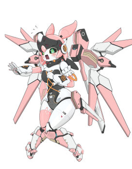 1girl absurdres aria_(zenless_zone_zero) blush commentary_request exoskeleton full_body green_eyes highres humanoid_robot joints mechanical_wings open_mouth robot robot_ears robot_girl robot_joints shianpurin solo sweat white_background wings zenless_zone_zero