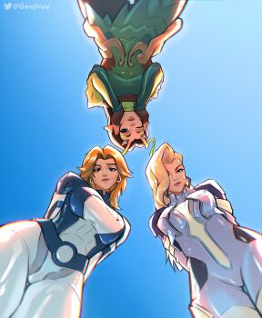 3girls absurdres alien antennae black_hair blonde_hair blue_bodysuit blue_eyes bodysuit breasts closed_mouth dagger_(marvel) earrings fantastic_four genjiruu guardians_of_the_galaxy highres jewelry large_breasts long_hair looking_at_viewer mantis_(marvel) marvel marvel_rivals multicolored_bodysuit multiple_girls one_eye_closed short_hair simple_background smile sue_storm superhero_costume thighs two-tone_bodysuit white_bodysuit