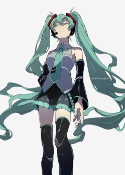 1girl aqua_eyes aqua_hair aqua_nails aqua_necktie aqua_trim arm_at_side arm_behind_back bad_id bad_twitter_id bare_shoulders between_breasts black_sleeves black_thighhighs breasts closed_mouth collared_shirt detached_sleeves double-parted_bangs feet_out_of_frame from_below grey_background grey_shirt hair_between_eyes hair_ornament hatsune_miku headphones headset highres inactive_account light_frown long_hair long_sleeves looking_to_the_side miniskirt nail_polish necktie necktie_between_breasts pleated_skirt shirt shoulder_tattoo simple_background skirt sleeveless sleeveless_shirt small_breasts solo sonokare standing tattoo thighhighs tie_clip twintails twitter_username very_long_hair vocaloid wide_sleeves zettai_ryouiki