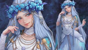 1girl blue_dress blue_eyes blue_flower blue_hair blue_rose dress earrings elden_ring elden_ring_nightreign flower flower_wreath hair_ornament hand_up head_wreath highres jewelry lips long_hair looking_to_the_side multiple_views necklace prywinko revenant_(elden_ring) rose smile upper_body veil very_long_hair white_dress zoom_layer