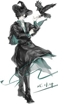 Rule 34 | 1boy, absurdres, amon (lord of the mysteries), bird, bird on hand, black bird, black boots, black eyes, black hair, black hat, black pants, black robe, boots, crow, full body, green shirt, hat, highres, lord of the mysteries, male focus, monocle, nieqingfeng29331, pants, partially unbuttoned, popped collar, robe, shirt, simple background, smile, solo, two-sided fabric, two-sided robe, white background, witch hat