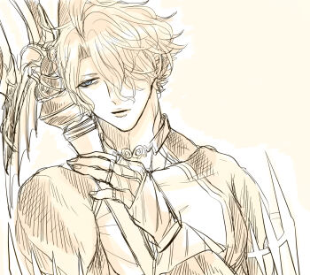 1boy armlet choker closed_mouth collarbone expressionless fingerless_gloves gloves hair_over_one_eye holding holding_polearm holding_weapon jewelry jitome leaning leaning_on_object leaning_on_weapon leaning_to_the_side male_focus muscular muscular_male pectoral_cleavage pectorals pointy_ears polearm poseidon_(shuumatsu_no_valkyrie) revealing_clothes short_hair shuumatsu_no_valkyrie simple_background sketch solo suzuka_(pixiv) tagme toned toned_male trident upper_body weapon