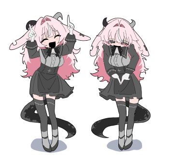 1girl ^_^ absurdres aduyaiii aiobahn animal_ears apron arms_up asymmetrical_horns backward-facing_horns bell bell_bow black_apron black_bow black_bowtie black_eyes black_mouth black_saliva black_thighhighs bow bowtie breasts closed_eyes colored_saliva commentary_request creator_connection cross dancing femme_soule fingernail_gloves gloves goat_ears goat_horns heterochromia highres horns internet_yamero inverted_cross long_hair long_sleeves mismatched_horns neck_bell open_mouth pink_eyes pink_hair pointing pointing_down pointing_up pukey_goddess_shot_trick shirt smile snake_tail tail thighhighs white_gloves