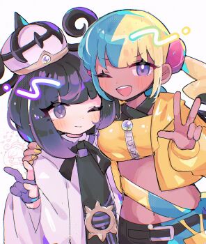 2girls ;) ;d arm_around_shoulder belt belt_buckle black_dress black_hair blonde_hair blue_hair blush bob_cut buckle canari_(pokemon) closed_mouth coat crop_top cropped_jacket dark-skinned_female dark_skin dress gloves gradient_hair gwynn_(pokemon) hat highres jacket long_sleeves mega_stone multicolored_hair multiple_girls nintendo o-ring o-ring_belt one_eye_closed open_clothes open_coat open_jacket open_mouth partially_fingerless_gloves pokemon pokemon_legends:_z-a purple_eyes purple_gloves purple_hair short_hair smile split-color_hair sushiuma_m teeth two-tone_hair upper_teeth_only v w white_background white_coat yuri